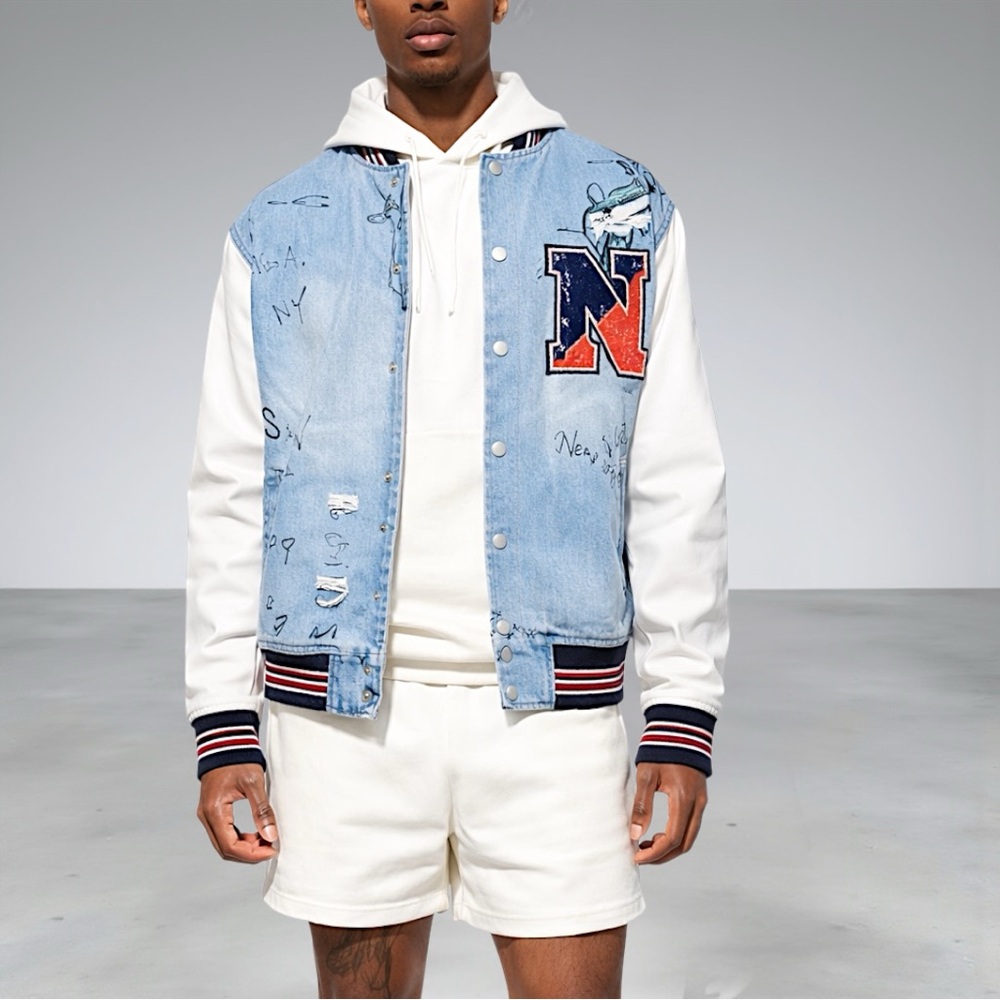 Fashion Nova Men’s Light Blue & White Graffiti Denim Varsity Jacket - Picture 1 of 13